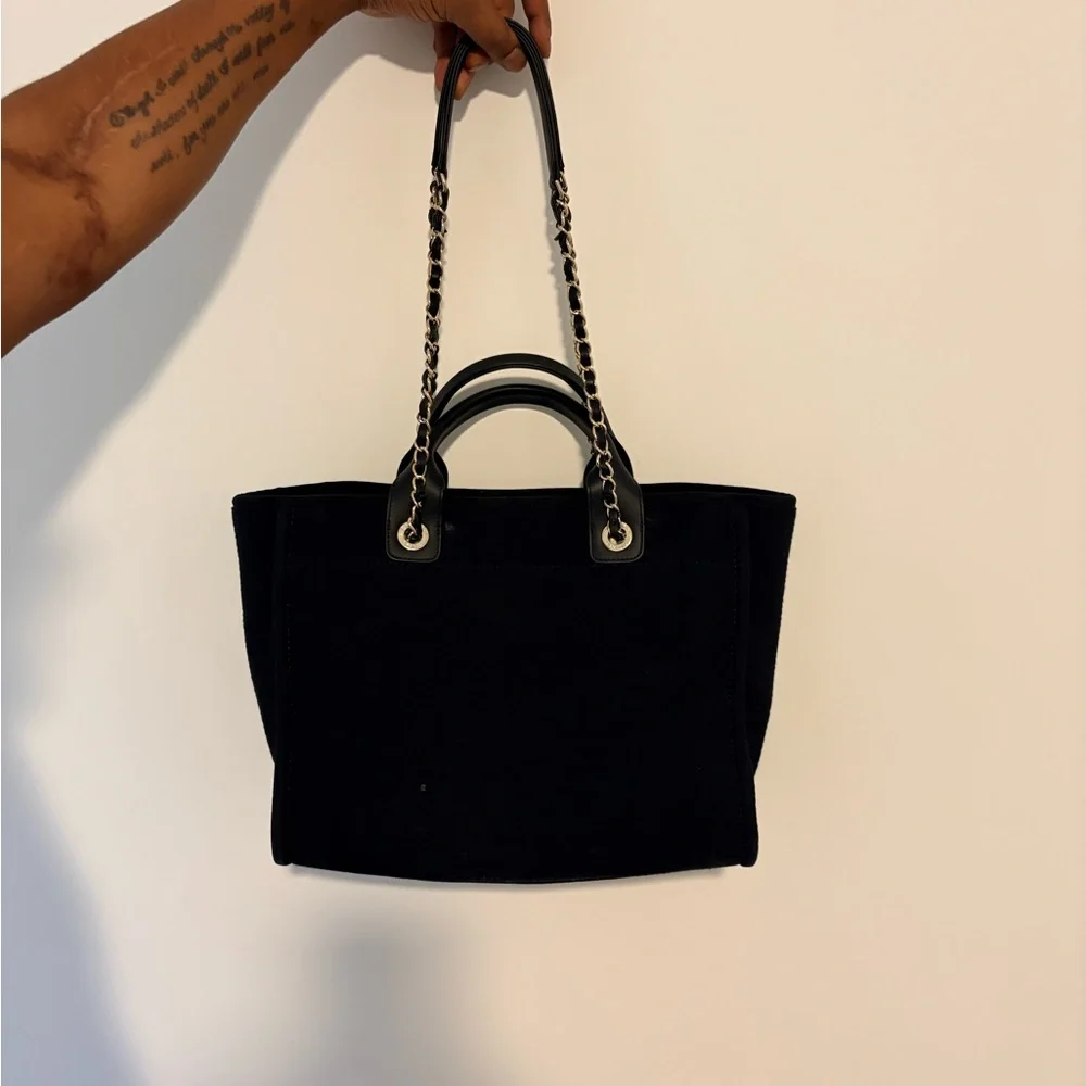 CHANEL Black Canvas Tote with Gold-Trim Chain Handles